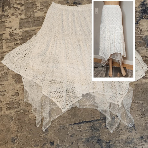 Retro Threads Crochet lace mesh tiered Hankerchief Hem white pullon skirt XXL - Picture 1 of 17